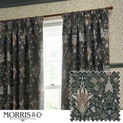 Morris & Co Snakeshead Jacquard Chenille Room Darkening Pencil Pleat Curtain Pair Indigo/leaf (W)168Cm X (D)137Cm