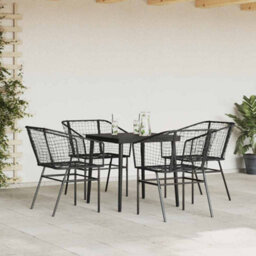 Berkfield 5 Piece Garden Dining Set Black Poly Rattan Glass - thumbnail 3