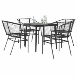 Berkfield 5 Piece Garden Dining Set Black Poly Rattan Glass - thumbnail 1