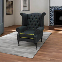 Chesterfield High Back Chair Charles Charcoal Yellow Trim Linen Fabric In Queen Anne Style - thumbnail 3