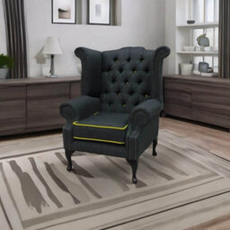 Chesterfield High Back Chair Charles Charcoal Yellow Trim Linen Fabric In Queen Anne Style - thumbnail 2