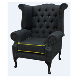 Chesterfield High Back Chair Charles Charcoal Yellow Trim Linen Fabric In Queen Anne Style