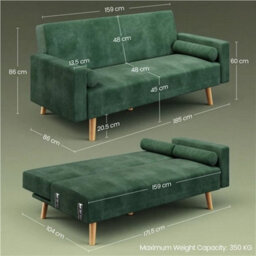 Modern Corduroy 3-Seater Sofa Bed Click-Clack Recliner With Wooden Legs Green - thumbnail 2