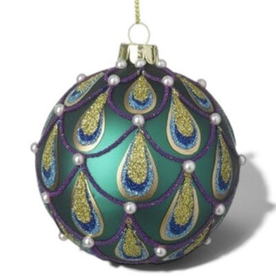 Heaven Sends Christmas Peacock Design Pearl Bauble - Medium Round Gloss Ornament 10 X 7.5 Cm With Gold Twine Hanger