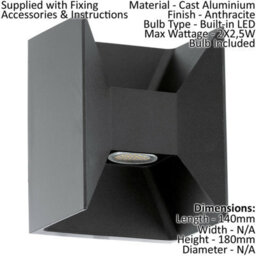2 Pack Ip44 Outdoor Up/down Wall Light - Modern Anthracite Aluminium 2.5W Led Lamp - thumbnail 2