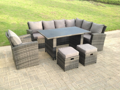 Fimous 9 Seater High Back Rattan Garden Furniture Set Corner Sofa With Black Tempered Glass Dining Table Footstool With Chair - image 1