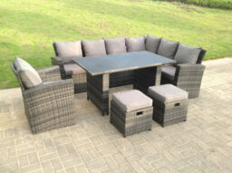 Fimous 9 Seater High Back Rattan Garden Furniture Set Corner Sofa With Black Tempered Glass Dining Table Footstool With Chair - thumbnail 1