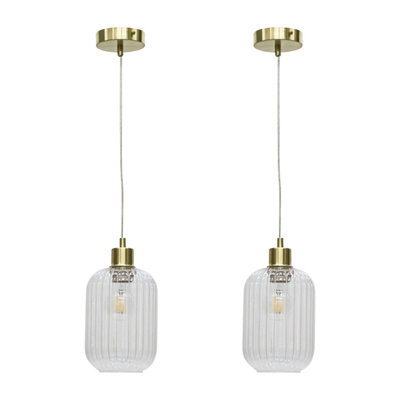 First Choice Lighting Set Of 2 Batley - Clear Ribbed Glass With Satin Brass Pendant Fittings - image 1