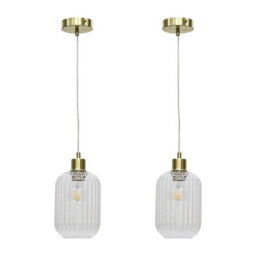 First Choice Lighting Set Of 2 Batley - Clear Ribbed Glass With Satin Brass Pendant Fittings - thumbnail 1