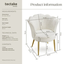 Tectake 1 Armchair Stella - Faux Fur Or Velvet, Thick Padding, 67X64X76Cm  - Faux Fur Cream/gold - thumbnail 6