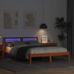 Berkfield Modern With Led Strip Lights Wax Brown 140 X 190 Cm Solid Pine Wood - thumbnail 4