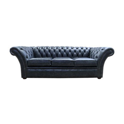 Chesterfield 3 Seater Sofa Settee New England Black Leather In Balmoral Style - image 1