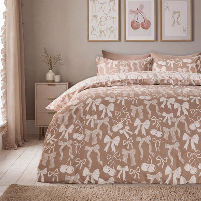 Ohs Illustrated Bows Duvet Cover Set With Pillowcase Polycotton Bedding - Natural - image 1