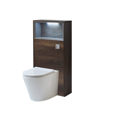Homestylestore 600mm Dark Oak Wc Unit Led Lit Shelf Toilet With Chrome Flush Button - image 1