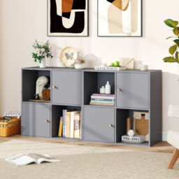 Costway 4-Cube Bookcase 3-Tier Bookshelf Storage Organizer W/2 Cabinets-Grey - thumbnail 5