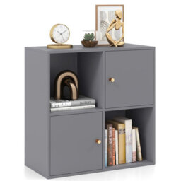 Costway 4-Cube Bookcase 3-Tier Bookshelf Storage Organizer W/2 Cabinets-Grey