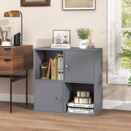 Costway 4-Cube Bookcase 3-Tier Bookshelf Storage Organizer W/2 Cabinets-Grey - thumbnail 7
