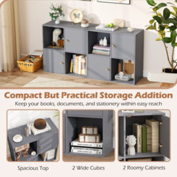 Costway 4-Cube Bookcase 3-Tier Bookshelf Storage Organizer W/2 Cabinets-Grey - thumbnail 6