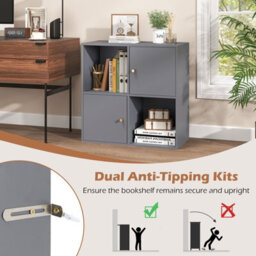 Costway 4-Cube Bookcase 3-Tier Bookshelf Storage Organizer W/2 Cabinets-Grey - thumbnail 3