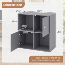 Costway 4-Cube Bookcase 3-Tier Bookshelf Storage Organizer W/2 Cabinets-Grey - thumbnail 2