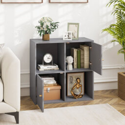 Costway 4-Cube Bookcase 3-Tier Bookshelf Storage Organizer W/2 Cabinets-Grey - thumbnail 9