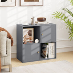 Costway 4-Cube Bookcase 3-Tier Bookshelf Storage Organizer W/2 Cabinets-Grey - thumbnail 8