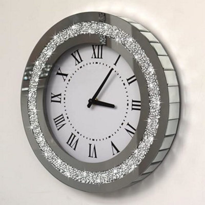 Biznest Large Round 50Cm Crushed Mirror Jewel Wall Clock Black Hands Roman Number Diamante Glass Silver Eye Catching Home Décor