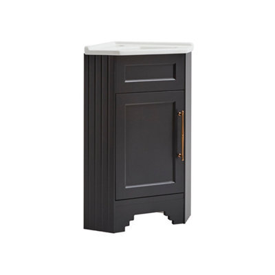 Homestylestore Black Grey 580mm Corner Bathroom Vanity Unit And Brushed Copper T Bar Handles