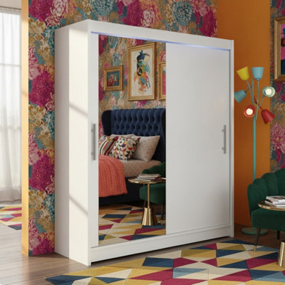 Westa Vi 150Cm White Sliding Door Wardrobe With Mirror And Hanging Rail And Bedroom Storage Unit With Ledrgb Colorful - image 1