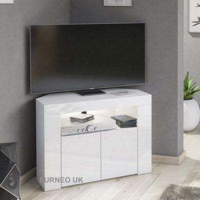 Furneo Corner Tv Stand Unit Cabinet Matt & High Gloss Clifton 07 White Led Lights - image 1