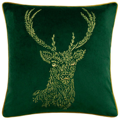 Furn. Forest Fauna Embroidered Woodland Stag Velvet Feather Filled Cushion - image 1