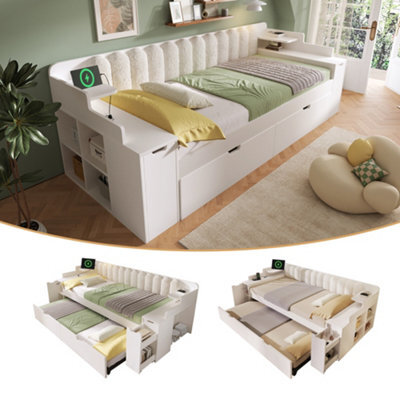Btm 3Ft Single Daybed 90 Plus 90 X 190 Cm With Pull Out Trundle Storage Cabinet Usb C Charging Sofa Bed White No Mattress - image 1
