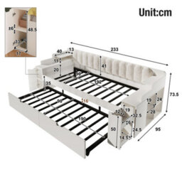 Btm 3Ft Single Daybed 90 Plus 90 X 190 Cm With Pull Out Trundle Storage Cabinet Usb C Charging Sofa Bed White No Mattress - thumbnail 2
