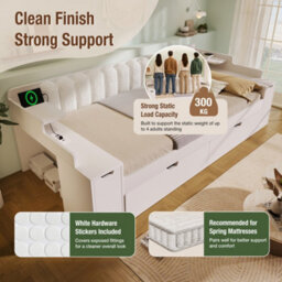 Btm 3Ft Single Daybed 90 Plus 90 X 190 Cm With Pull Out Trundle Storage Cabinet Usb C Charging Sofa Bed White No Mattress - thumbnail 6
