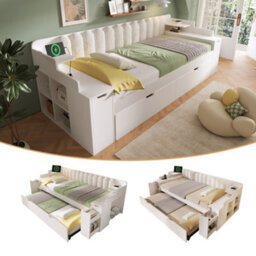 Btm 3Ft Single Daybed 90 Plus 90 X 190 Cm With Pull Out Trundle Storage Cabinet Usb C Charging Sofa Bed White No Mattress - thumbnail 1