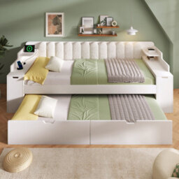 Btm 3Ft Single Daybed 90 Plus 90 X 190 Cm With Pull Out Trundle Storage Cabinet Usb C Charging Sofa Bed White No Mattress - thumbnail 8