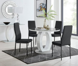 Furniturebox Giovani Round 4 Seat 100Cm White High Gloss Halo Base Grey Glass Top Dining Table 4 Black Faux Leather Black Leg Milan Chairs - thumbnail 1