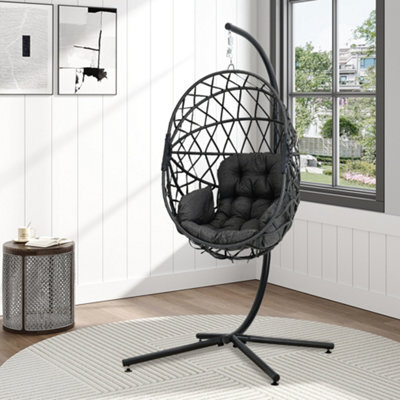 Breeins Dark Grey Rattan Swing Egg Chair Hanging Garden Hammock Swing Chair Hanging Basket With Cushions & Stand Outdoor Furniture - image 1