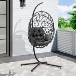 Breeins Dark Grey Rattan Swing Egg Chair Hanging Garden Hammock Swing Chair Hanging Basket With Cushions & Stand Outdoor Furniture - thumbnail 2