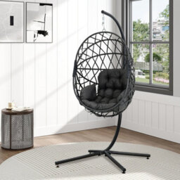 Breeins Dark Grey Rattan Swing Egg Chair Hanging Garden Hammock Swing Chair Hanging Basket With Cushions & Stand Outdoor Furniture