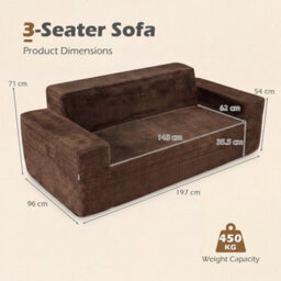 Costway Corduroy 3-Seater Sofa Boneless Loveseat Couch With High Backrest Wide Armrest Brown - thumbnail 2