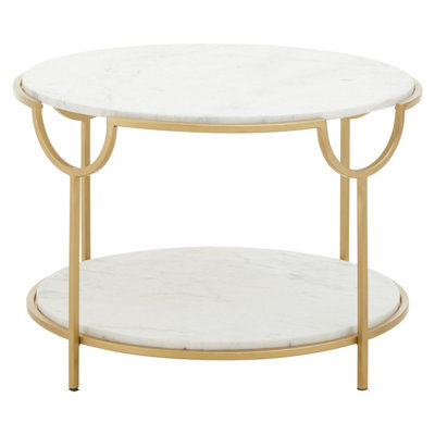 Orsina White Marble Stone Gold Finish Side Table, Iron Frame End Table With 2 Tier Design, Modern Side Table - image 1