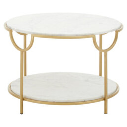 Orsina White Marble Stone Gold Finish Side Table, Iron Frame End Table With 2 Tier Design, Modern Side Table