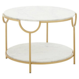 Orsina White Marble Stone Gold Finish Side Table, Iron Frame End Table With 2 Tier Design, Modern Side Table - thumbnail 2