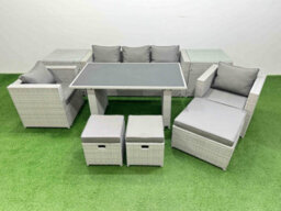 Fimous Patio Garden Furniture Sets With Black Glass Top Dining Table Armchair 3 Seater Sofa 2 Side Tables 3 Stool Light Grey - thumbnail 1