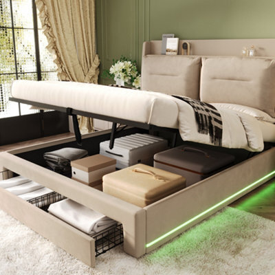 Abrihome Upholstered Bed, 150X200(5Ft), 2-In-1 Storage Drawers, Recessed Led Light Strips On Both Sides Of The Bed, Velvet,beige - image 1