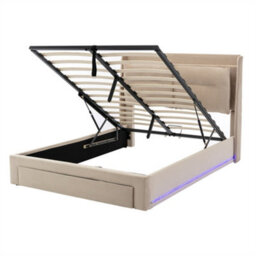 Abrihome Upholstered Bed, 150X200(5Ft), 2-In-1 Storage Drawers, Recessed Led Light Strips On Both Sides Of The Bed, Velvet,beige - thumbnail 5