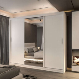 M N Furniture Ltd Modern 3-Door Sliding Wardrobe With Led Light & Mirror - 250Cm Bedroom Cabinet (White 250Cm) - thumbnail 1