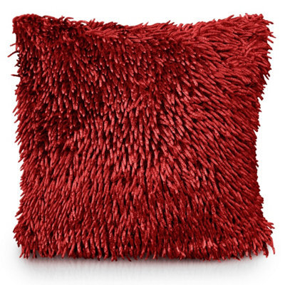 Velosso Velvet Touch Shaggy Chenille Cushion, Soft Texture, Zip Closure, Machine Washable, Luxury Living Room Decor - Red
