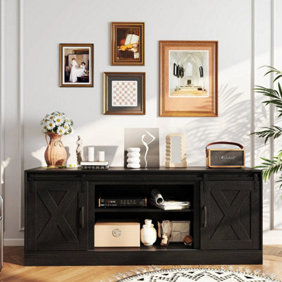 Farmhouse Tv Stand For 70 Tvs With Sliding Barn Doors Black - image 1